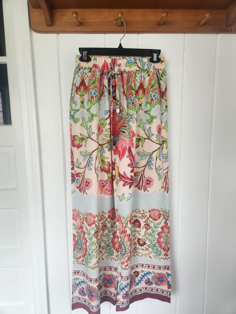 Fashion Nova Cream Wide Leg Pants with Pink and Green Floral Print